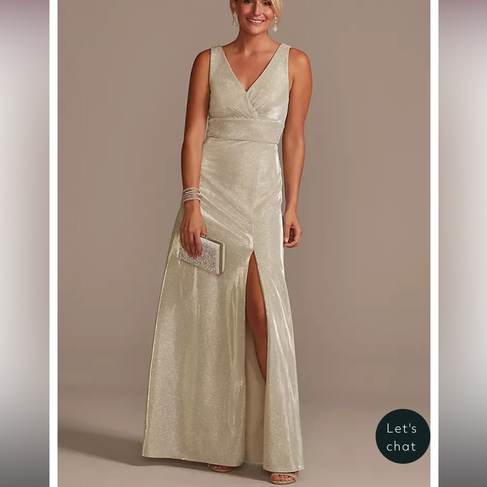 David's Bridal Silver Ruched Slit Maxi Gown